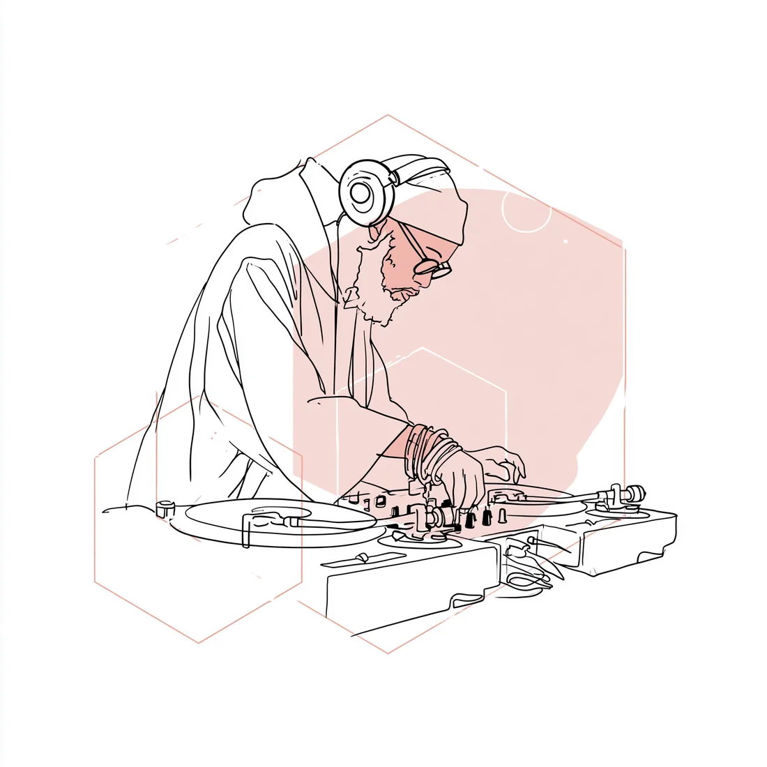 Line-art illustration of a DJ playing music